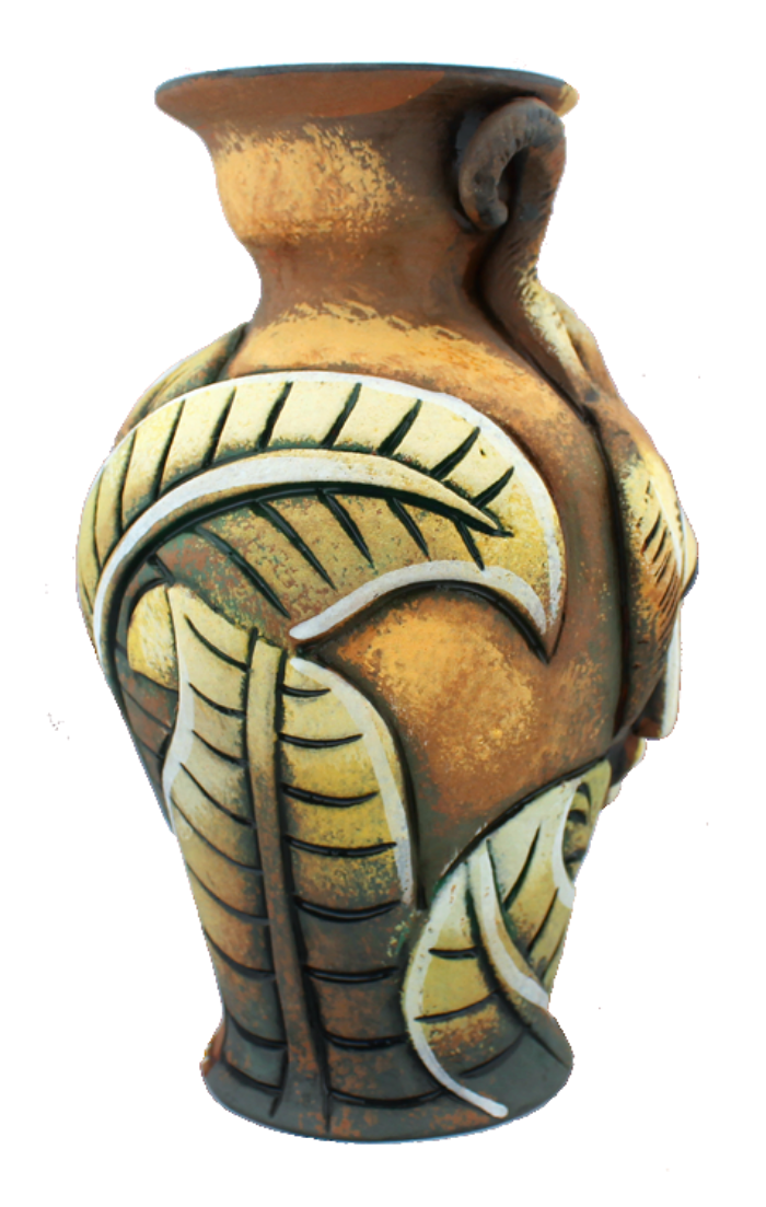 Back view with large leaves covering the vase.