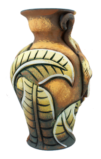 Back view with large leaves covering the vase.