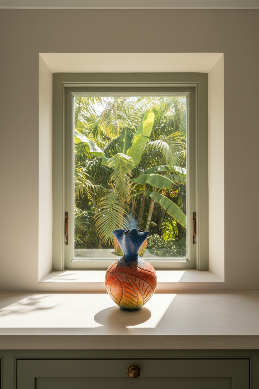 A ceramic vase with a blue opening shaped like an abstract heart valves. The vase varies from muted orange to a lighter shade of orange and yellow, featuring carved tropical plant leaves on its surface. A light green gradient is present at the bottom, with a dark green base. The vase has a matte finish to give it a natural look. Its shape resembles the heart symbol.